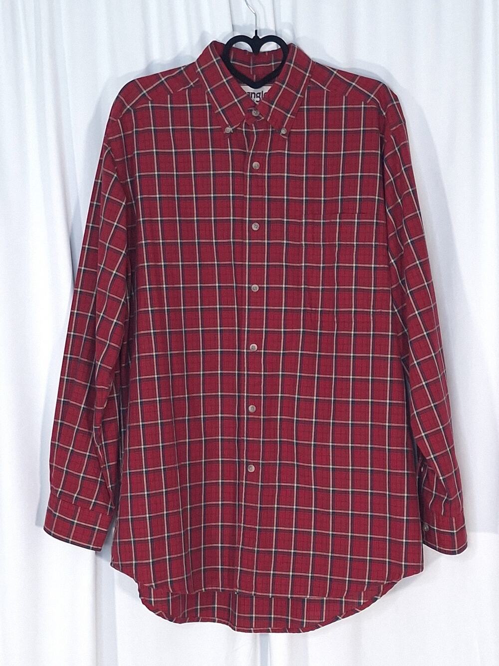 Wrangler Rugged Wear Men’s Large Shirt Red Brown Plaid Long Sleeve Button-Up